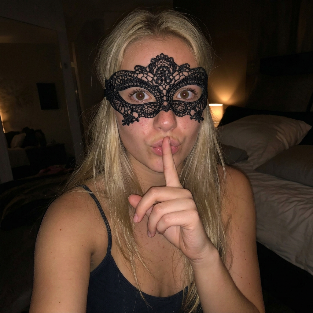 Portrait d’une femme blonde portant un masque de dentelle et faisant un geste de silence